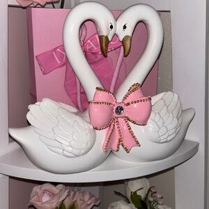 White Swan Pair Figurine with Pink Bow - Decorative Home Accent